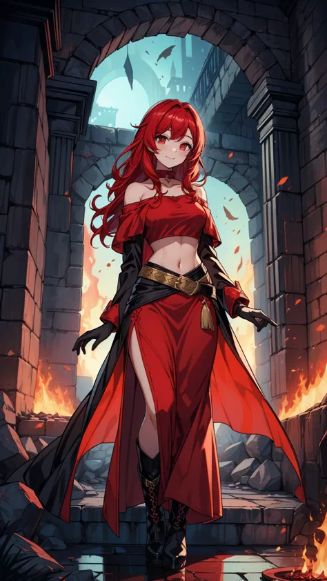 ((masterpiece, best quality:1.3, high detail)), beautiful woman looking at viewer, smile, long wavy hair, (red hair), hairpin, ((red crop top off-shoulder long sleeves)), (dark red midi skirt), ((red maxi skirt)), belt, black gloves, boots, collarbone, ((a...