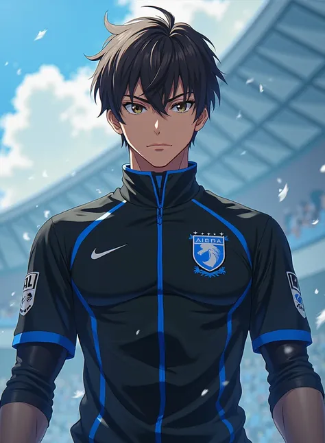 Create a Blue lock character (Sports anime), high, With dark brown hair a little long bangs, brown eyes, wearing the black uniform with blue details. (reference image) [male character]