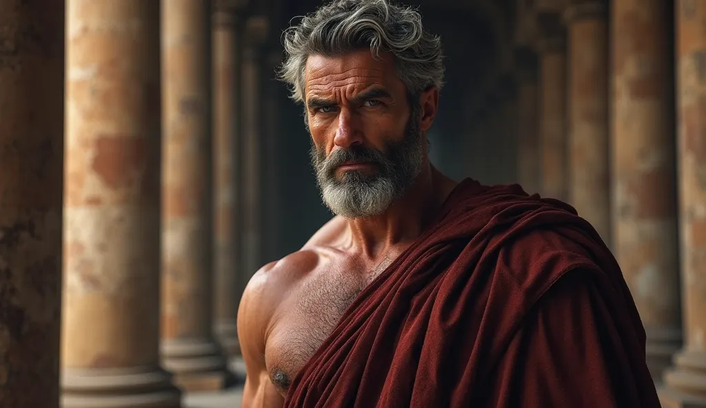 A hyper-realistic and highly detailed digital portrait of a strong, muscular Roman-era man in his 50s, with graying, slightly wavy hair and a well-groomed salt-and-pepper beard. He wears a deep burgundy toga, draped over his broad shoulders, emphasizing hi...