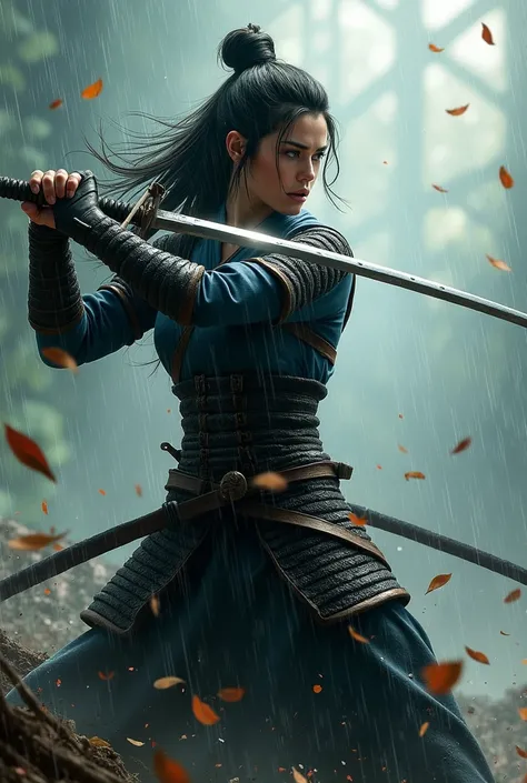 Play a female samurai in combat pose with her drawing her sword in the rain and strong wind, flying leaves.