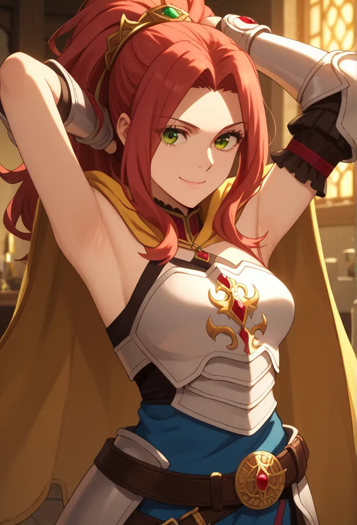 score_9, score_8_up, score_7_up, solo, 1girl, melromarc, long hair, green eyes, red hair, parted bangs, ponytail, medium breasts, bare shoulders, belt, cape, armor, breastplate ,spread armpit, arm up, armpit, lay hand on own armpit, smile, closed mouth