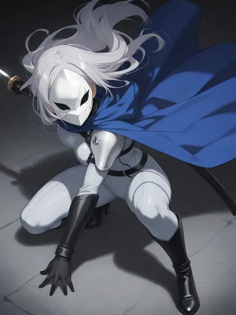 high resolution, masterpiece, necessary, detail, best quality, quality, necessary, details, High details, Precise, 
 
1girl_ ufotable style, ufotable anime

(Solo) faceless, mask covered face, white mask with black eyes, grey hair, long hair, blue long cap...