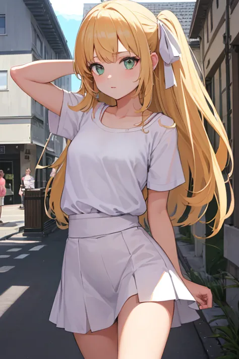 Young girl. blond hair, long hair, the hair is tied at the back with a white ribbon , dark green eyes,  light pink t-shirt ,  short white skirt,  is walking down a spacious street in town ,  small hips , small pelvis , day, the sun illuminates the hair , h...