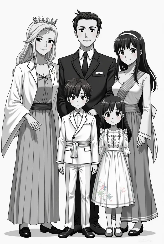 TAKE A BLACK AND WHITE ANIME-STYLE PHOTO OF A ROYAL FAMILY,COM UM PAI GENERAL,AN OLDER SON WITH MEDIUM HAIR AND A ,ONE IN THE MIDDLE WITH LONG HAIR THAT ALMOST COVERS HIS FACE,AND A YOUNGEST ALSO WITH MEDIUM HAIR,AND A SMOOTH-HAIRED DAUGHTER OF THE SAME AG...