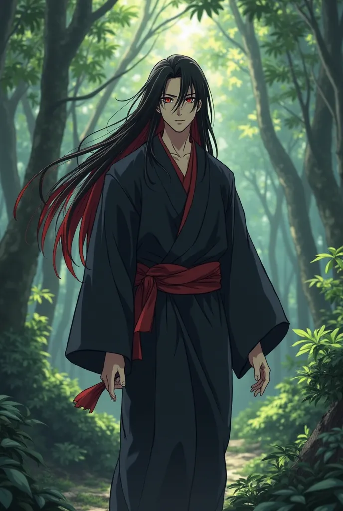 A grown man, anime style with long black hair with the tips of her red hair,  reddish eyes , He is walking through the forest, wearing a black kimono with some details, not anime style, Use the character Hyakkimaru from the anime Dororo as inspiration