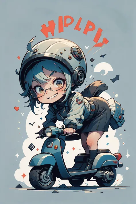 perfect anatomy, best quality, bad girl riding a scooter,  helmet, Bad Look，Glasses，sharp teeth, clenched teeth, closed mouth, gritted teeth, happy,  chibi