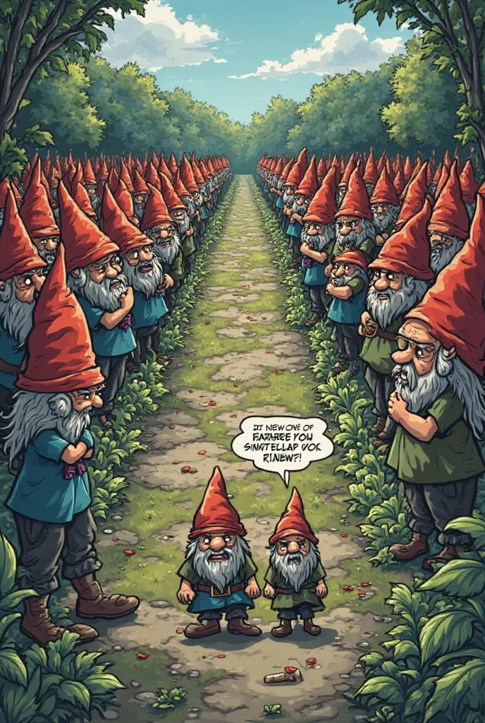 Create a comic from chapter 11 we visited Percy's Garden Gnome Emporium Jackson And The Lightning Thief
Picture 1: Percy and Grover walk along a path and stop in front of a huge garden full of Of gnomes. Percy, t-shirt with arms crossed, dice: "Well... it ...