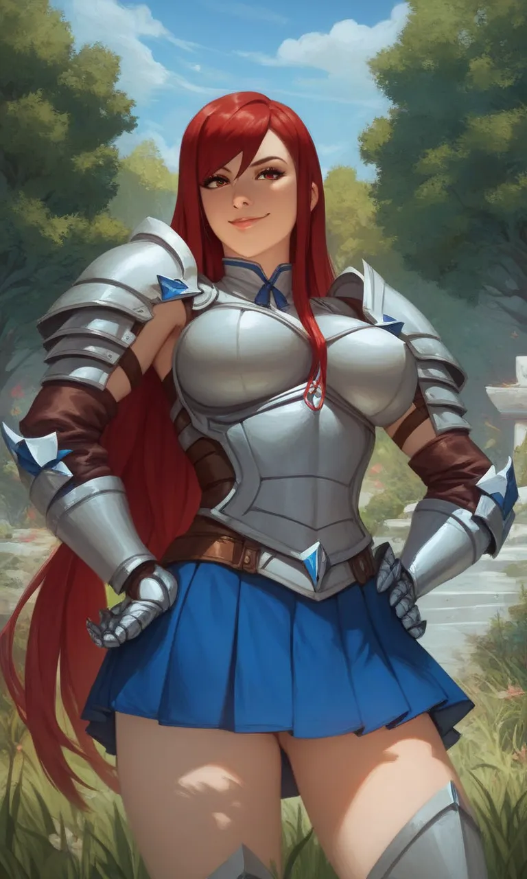 masterpiece, best quality, high resolution, absurdres, 1girl, Erza_Scarlet_First, brown_eyes, red_hair, long_hair, large_breasts, armor, breastplate, gauntlets, blue_skirt, pleated_skirt, armored_dress, shoulder_armor, hands_on_own_hips, slight_smile, look...