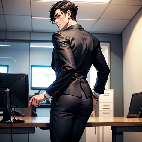 male　black suit　 black hair　 look back　 office