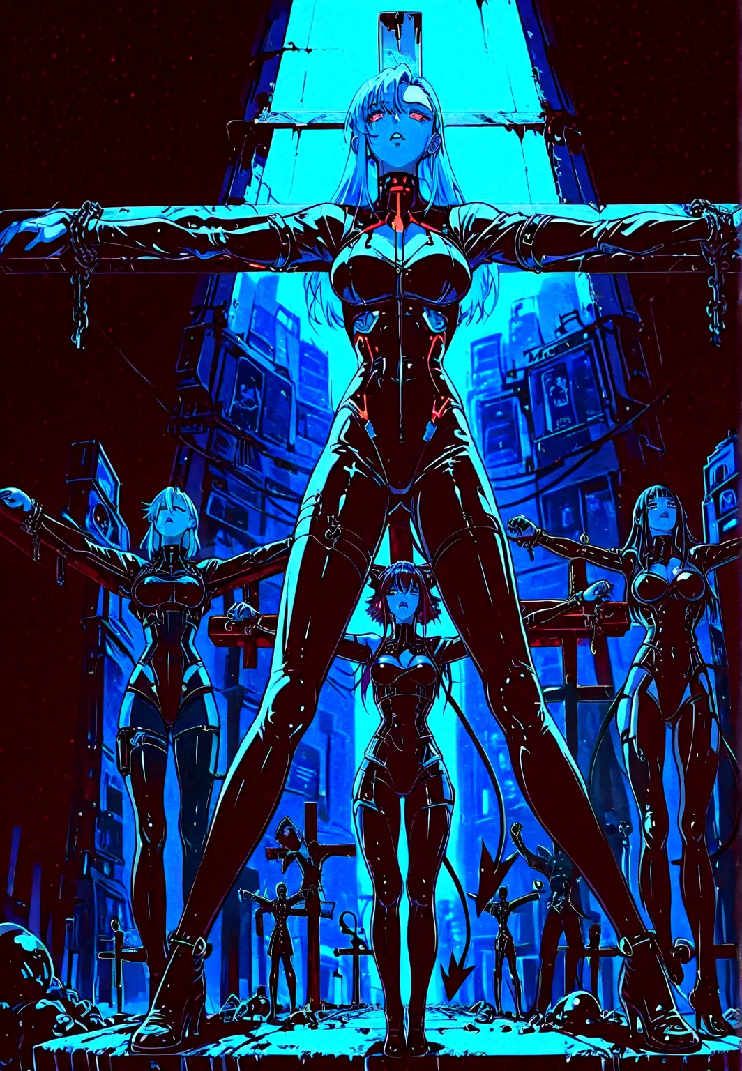 front view: Chica demonio, piel amarilla, cuernos, tail ,traje de latex, circuitos robóticos, senos promedio, dispositivos futurista, suffering, ((
crucifixion pose inverted)), circuits, . Background: cyberpunk factory. Dark atmosphere.