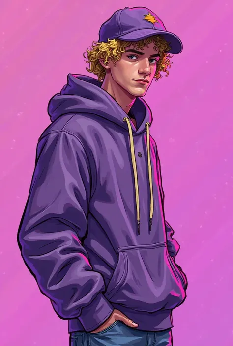 "Male character in the style of video games of the 2000s, inspired by GTA . She has curly hair, golden blonde, a little shorter (at shoulder height), light skin, tall and slim build. He wears a purple slanted cap. His clothing and design incorporate a Y2K ...