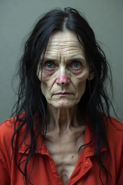 A prison mugshot of a female who is 57 years of age. She has pallid skin and a gaunt frame, her long, wispy black hair cascading down to her chest. Her face is strikingly emaciated, with hollow cheeks, wide, dark, lifeless eyes, a cleft lip, and a pointed ...