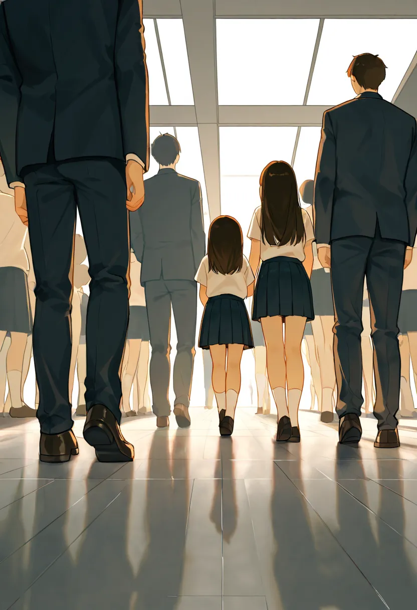 (cute males and females: 1.1), simple background, (macro size: 1.2), school hallway, (multiple people: 1.2), (height difference: 1.4), (size difference: 1.1),  closeup legs, a group of tiny people on the ground, long hair