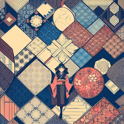 Background、geometric pattern combining round and square、greatest masterpiece、 kimono、