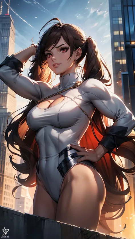 (masterpiece, best quality), intricate details, 8k, artstation, wallpaper, official art, splash art, sharp focus,, 1girl, long hair, twin tails, red eyes, brown hair, skyscrapers, night city, buildings, cars, street, battle stance