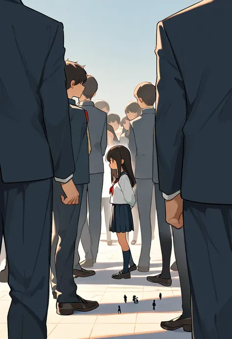 (cute males and females: 1.1), simple background, (macro size: 1.2), outside school, serafuku, (multiple people: 1.2), (height difference: 1.4), (size difference: 1.1),  closeup legs, a group of tiny people on the ground, long hair