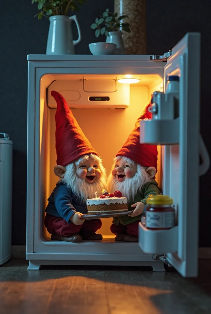 Make me a picture of two gnomes inside of a fridge eating a cake while laughing but make the fridge open and we can see them from another room and make all the lights in the house off and the only light is coming from inside the fridge