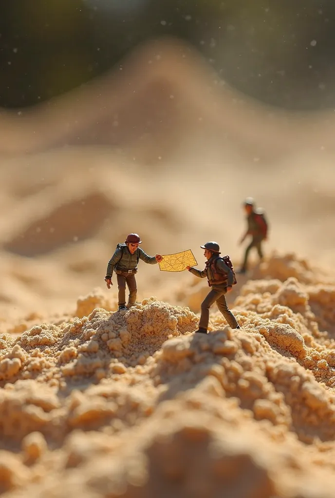 "Tiny figures exploring the surface of a compact powder, walking carefully on its soft texture. One figure holds a map, appearing as an explorer searching for hidden treasure. Soft lighting and a miniature adventure theme."