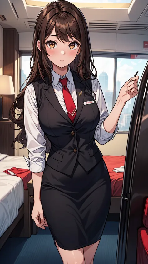 ((masterpiece, best quality:1.3, high detail)), ((1girl)), (((beautiful woman))), (stewardess), bright brown eyes, (long wavy hair), (dark brown hair), hairpin, (white collar shirt vest, red tie, blazer), black pencil (skirt), medium knee skirt, slim body,...