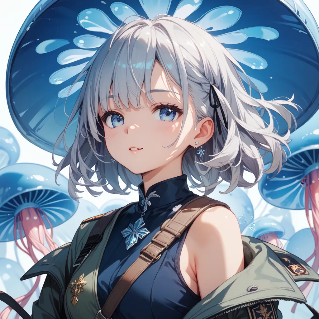 one woman、cold weather background、Gray Hair、jellyfish hair、light blue eyes、 cute、Military cold protection