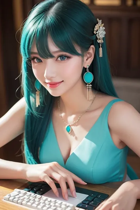 Masterpiece,  best quality ,  Ultra Details, illustration,( 1 girl), eyes drawn in beautiful detail,  Watch Your Audience, ( Hold up the computer keyboard ),  happy, ( turquoise hair:1), (Blue round eyes:1), (Round earrings), ( large turquoise jewelry neck...