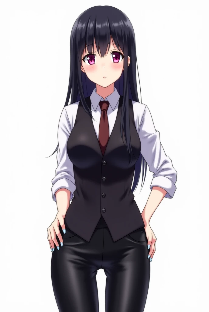 Japanese anime ********** woman with long straight black hair and intense magenta eyes and light blue nails and wears a white long-sleeved shirt with a classic collar, combined with a chocolate tie and a black vest with short sleeves and with shiny black l...