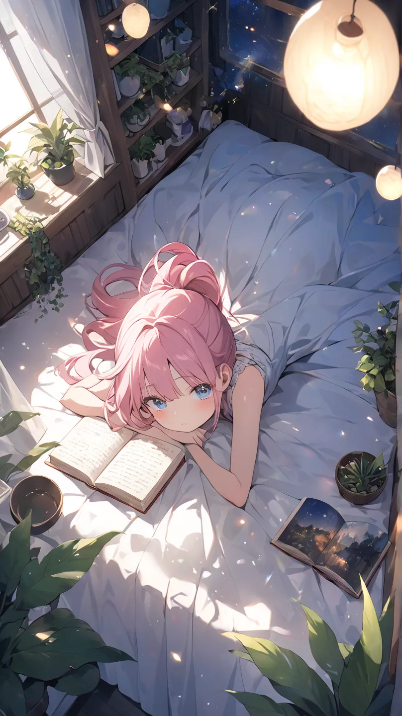 1 girl crouching,  moonlight 、room、houseplants、curtains、Read a book while lying on your back、blue eyes, pink hair、ponytail for men、from above、dutch angle, glitter effect, lens flare, 