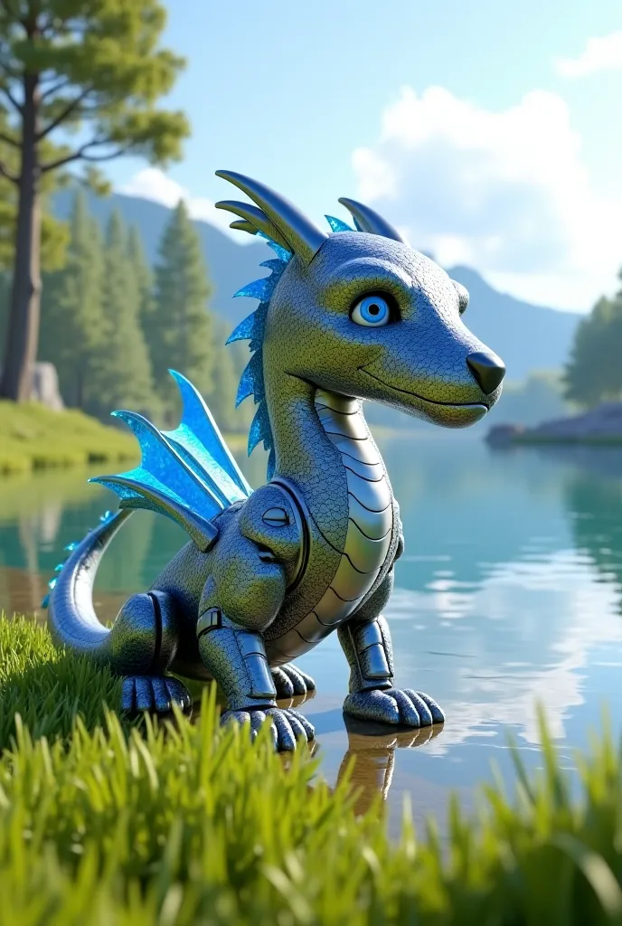 Robo as a dragon silver and blue transformation into dragon 3d, 4k, grassy Lake paw patrol 


