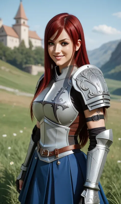 masterpiece, best quality, high resolution, absurdres, 1girl, Erza_Scarlet_First, brown_eyes, red_hair, long_hair, large_breasts, armor, breastplate, gauntlets, blue_skirt, pleated_skirt, armored_dress, shoulder_armor, hands_on_own_hips, slight_smile, look...