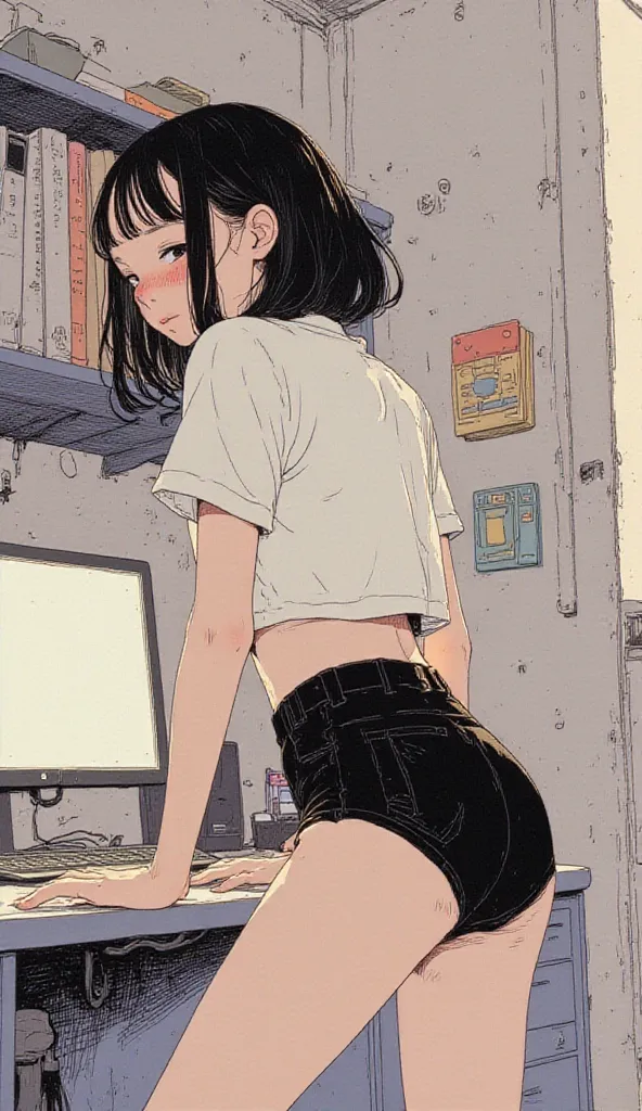 anime girl wearing black panties and white shirt, Manga by Shimoo, Pixiv, what is it？, Bend, (software) Watch Safe Workplace , concept art by ,  illuminated from behind , Lean forward slightly, a  super realistic high school girl ,  super realistic high sc...