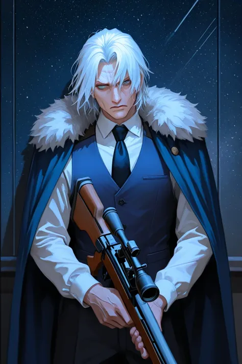 A 30-year-old adult male, Hair: Dyed white hair, medium to shoulder height.appears to be shining. Eyes: eyes are dark, reflect the starry sky. Body: having a stronger body than the average person. His hands have visible veins. He wears a white shirt undern...