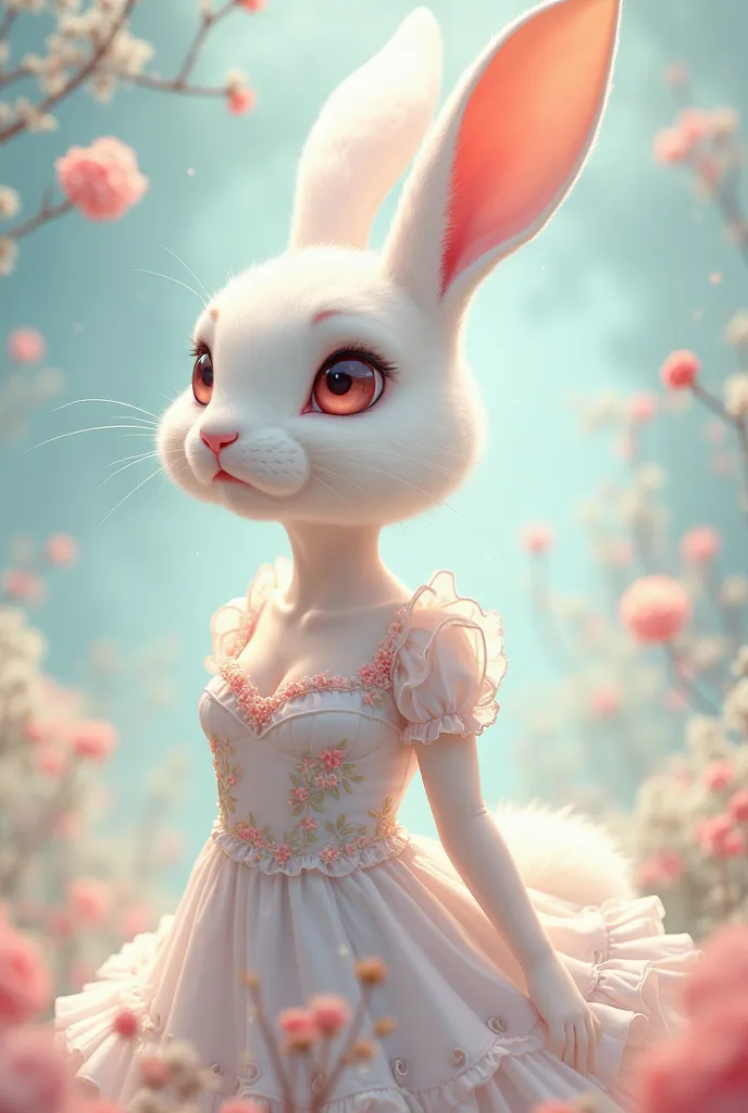 Create an image of a female rabbit with white hair, good body and anime style dress