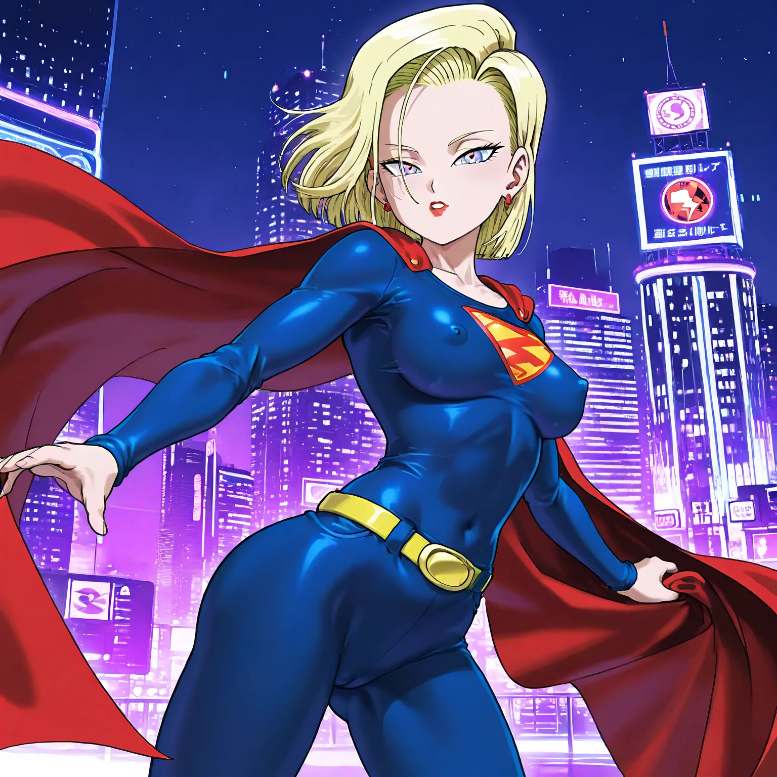 Android 18, short hair, blue eyes, blonde hair, 1 very young girl, small tits, small ass, erect nipples, red lips, seductive look, purple eyes, star-shaped pupils, hair ornament,The image depicts a female superhero prominently featuring in a vibrant and dy...