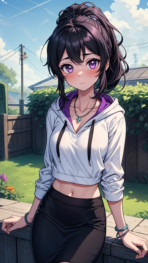 ((masterpiece, best quality:1.3, high detail)), beautiful woman, shy, long wavy hair, (dark blue ponytail hair), hairpin, bright purple eyes, light blush, (white hoodie), (black pencil ((skirt))), medium skirt, midriff, navel, necklace, bracelets, collarbo...