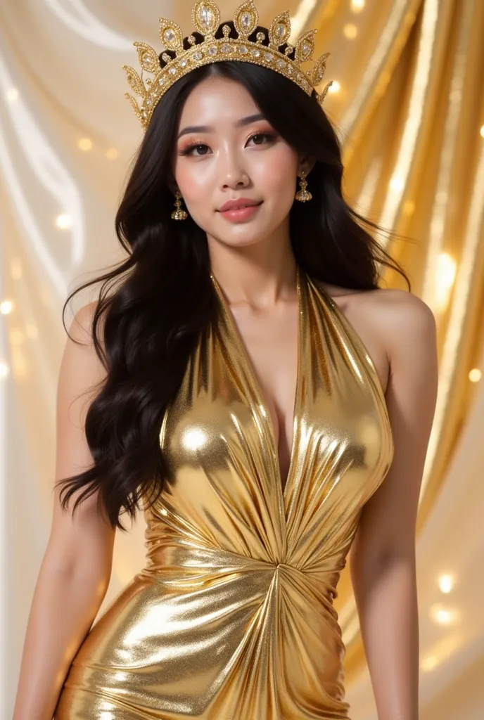 a woman in a stunning gold metallic gown that glimmers elegantly. The dress has a halter neckline and a fitted silhouette, accentuating her figure. She is wearing a golden crown-like headpiece with intricate details, complementing her overall regal appeara...