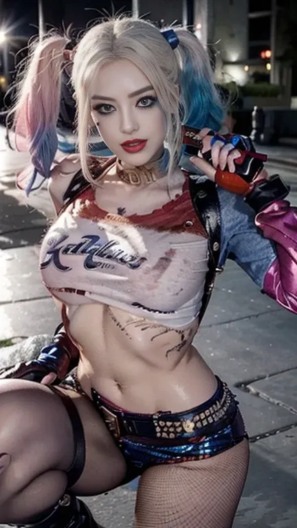  harley quinn 、1 girl crouching、solo、chest、smile、open your mouth、blue eyes、blonde hair、 shirt、 gloves、twin tails、jewelry、weapons、black mesh pantyhose、colorful hair leaving shoulders、micro low rise pants、belt、指なし gloves、Manicure、bracelet、gun、shorts、makeup、l...