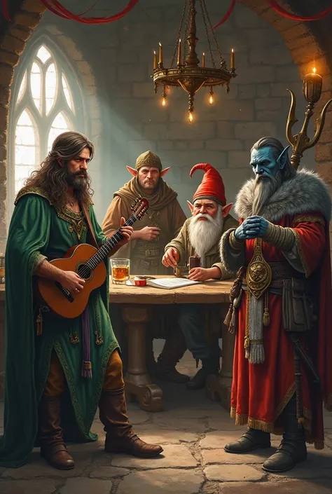 You can create an image of an RPG campaign guild in a tavern consisting of: a male human bard with his green-robed lute, a human warrior with a bright red sword, a gnome inventor, an elven wizard and a Triton warrior with bluish scales holding a trident