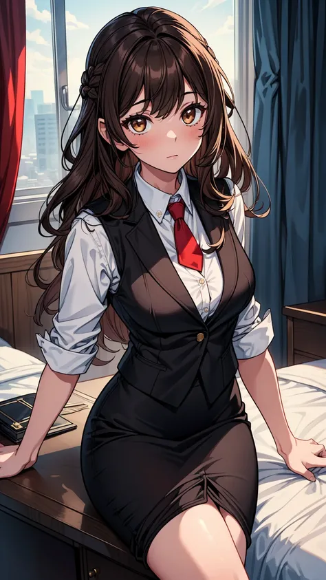 ((masterpiece, best quality:1.3, high detail)), ((1girl)), (((beautiful woman))), (stewardess), bright brown eyes, (long wavy hair), (dark brown hair), hairpin, (white collar shirt vest, red tie, blazer), black pencil (skirt), medium knee skirt, slim body,...