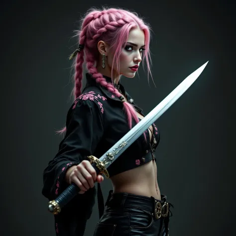 beautiful female pirate, perfect, with pink hair in braids and beads, holding a long sword, cutlass, dueling sword in one hand, small town, leather pants, edgy, fitted black tunic with pink embroidery (photorealistic:1.2) emphasis on the sword and the woma...