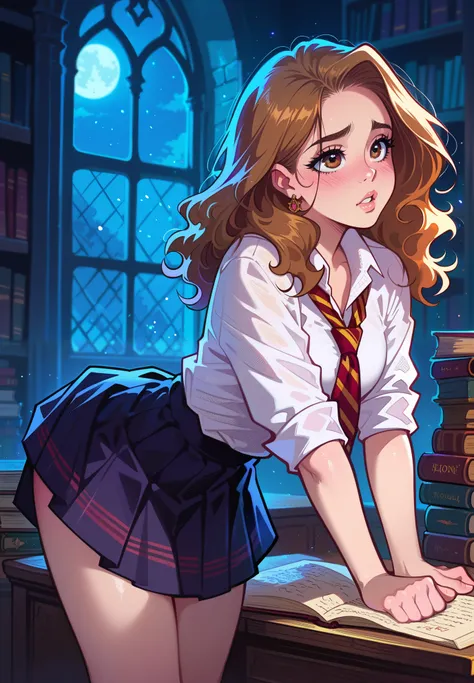 Made by melkor mancin, 1girl, solo, Hermione Granger, Harry Potter, shy, hogwarts school uniform, parted lips, blush, skirt, bent over a desk, sexy pose, alluring , from behind, BREAK, magical study filled with bookshelves, (night time:1.2), cinematic ligh...