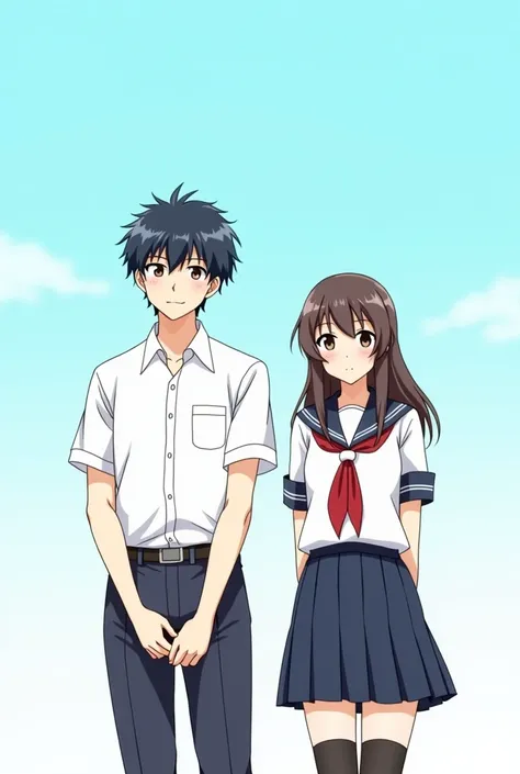 anime image of a couple of people standing next to each other, a picture inspired by Matsumura Goshun, shutterstock, academic art, wearing school uniform, wearing a school uniform, uniform background, jk uniform, bright uniform background, girl wearing uni...