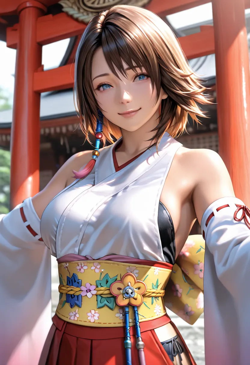 masterpiece, best quality, vibrant, very aesthetic, high contrast, photorealistic portrait,beautiful detailed face,detailed texture,detailed skin, newest, 1girl,final fantasy X,source_final fantasy X,yuna,japanise miko,miko,miko uniform,japanese shrine,out...