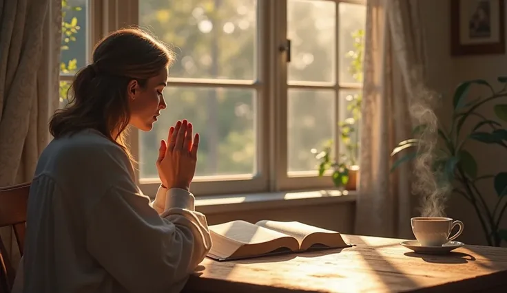 A serene and realistic scene of a person sitting at a wooden table, their hands gently folded in prayer. The table is positioned next to a large window, where soft morning sunlight streams in, casting a warm glow across the room. An open Bible lies on the ...