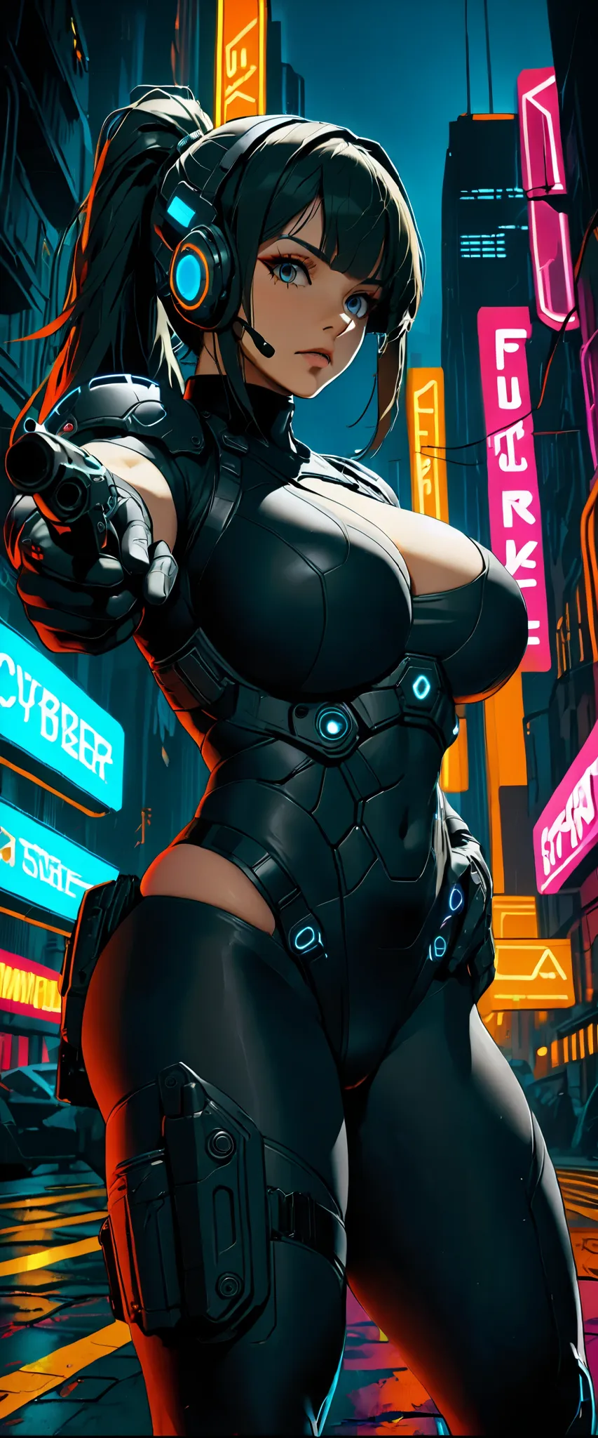 (masterpiece:1.2,Highest quality,Highest quality,Very detailed:1.2),8k,wallpaper,(One Woman),(Future female SWAT team member),(((pointing pistol:1.6))),(Extremely form fitting black tactical bodysuit),(Tactical Headset),(Tactical Holster),(Tactical Gloves)...