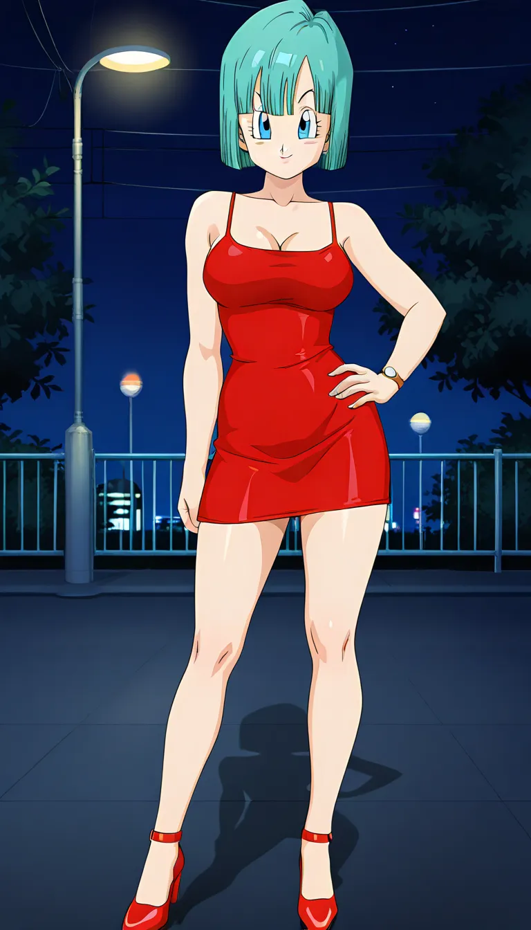 anime screencap, masterpiece, best quality, amazing quality, very aesthetic, absurdres,  newest, 
bulma, android saga, official style, 1girl, solo, short hair, blue eyes, bob cut, aqua hair, collarbone, cleavage, wristwatch, looking at viewer, bare shoulde...