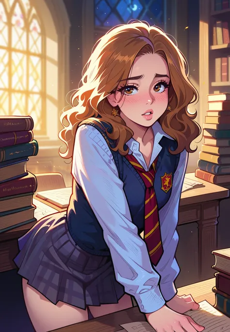 Made by melkor mancin, 1girl, solo, Hermione Granger, Harry Potter, shy, hogwarts school uniform, parted lips, blush, skirt, bent over a desk, sexy pose, alluring , from behind, BREAK, magical study filled with bookshelves, (night time:1.2), cinematic ligh...