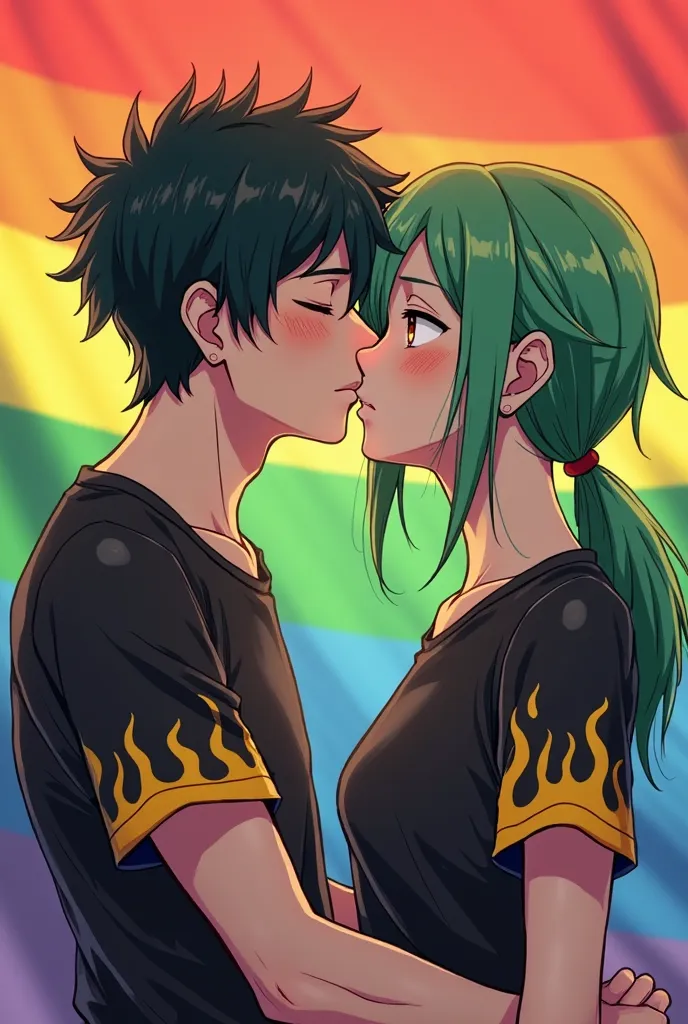 A Korean man kissing a hippie , that the Korean man is wearing a black top with yellow flames and the hippie drug addict is green-haired and has his hair tied up in a small ponytail , And this is the gay flag in the background, Also anime style