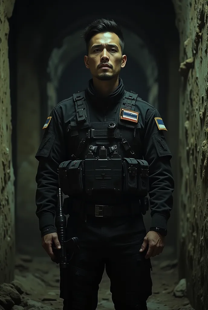 Formidable 45 years old handsome thai Thai man with undercut hairstyle wearing modern black tactical outfits with Thailand Flag patch like special force colonel, underground ancient temple background , serious, resident evil atmosphere ,