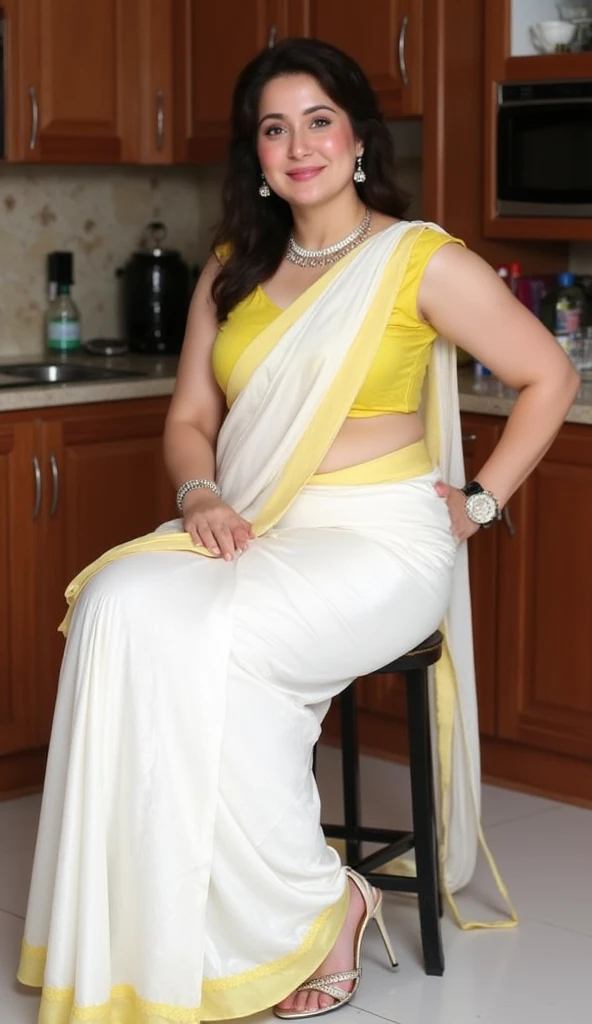 37 year old white skin indian married women looking at the viewer, wearing shiny glossy and reflective finish  White silk long sari and yellow Sleevless silk blouse , big Fat ass,wide hips, scooped Big breast, perfect milf Body, big ass ,messy hair , lipst...