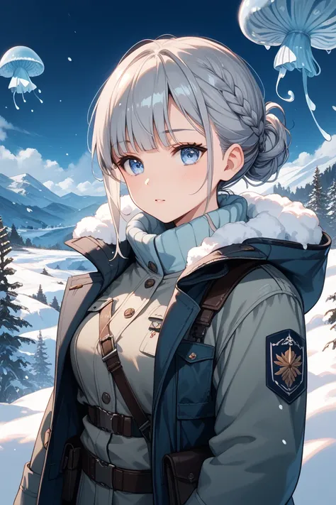 one woman、cold weather background、Gray Hair、jellyfish cut 、light blue eyes、 cute、Military cold protection